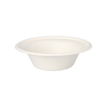The PAPSTAR 100 bowls, “pure” sugarcane from the PAPSTAR GmbH is a simple, white, round disposable bowl made from eco-friendly sugarcane, featuring a wide rim and smooth sides, shown against a white background.
