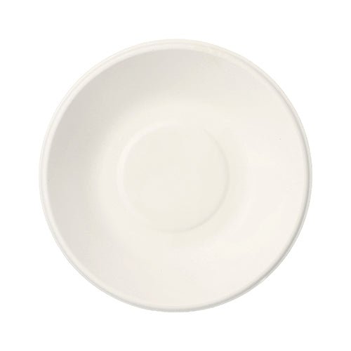 One PAPSTAR 100 bowls, “pure” sugarcane from the PAPSTAR The GmbH logo is depicted from above on a white background. This eco-friendly saucer features a shallow indentation in the center, making it ideal for holding a cup and serving in an eco-friendly way.