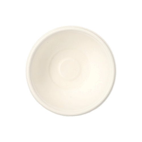 A round, white PAPSTAR bowl made of sugarcane "pure" (Ø 11.2 cm, 200 ml, 200 pieces) by PAPSTAR GmbH is depicted empty from above on a white background. The bowl is environmentally friendly.