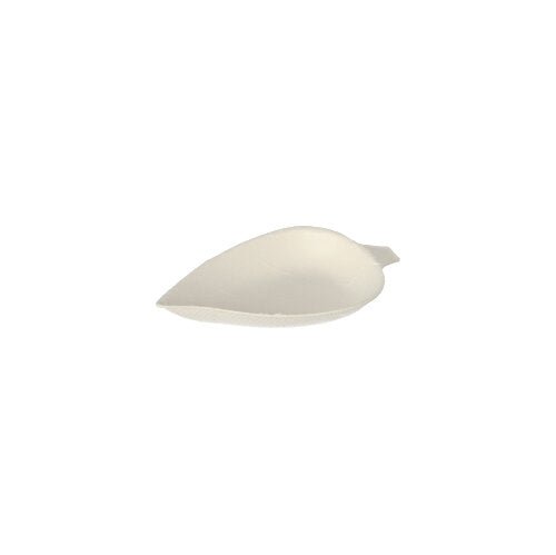 Presented on a plain, white background is a compact, white PAPSTAR 12 finger food plate from PAPSTAR GmbH, in leaf shape with a pointed tip and raised edge, made from biodegradable sugarcane "pure".