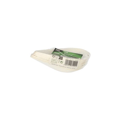 A stack of white PAPSTAR 12 finger food plates made of sugarcane "pure" from PAPSTAR GmbH is packaged in foil and provided with a green-black label and barcode. The plates are biodegradable and environmentally friendly.