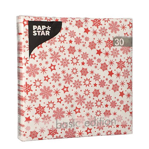 The 30 napkins, 3-ply, 1/4-fold (33x33 cm) from PAPSTAR GmbH come in a square package with a white background and red snowflake/star design – ideal for festive occasions.