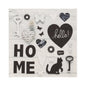 PAPSTAR 20 napkins, 33x33cm, 3-ply, Design Set 4: Enchanting napkins by PAPSTAR GmbH with "HOME", black and white hearts, butterflies, flowers, key, rose & cat silhouette; "hello!" appears in a black heart.