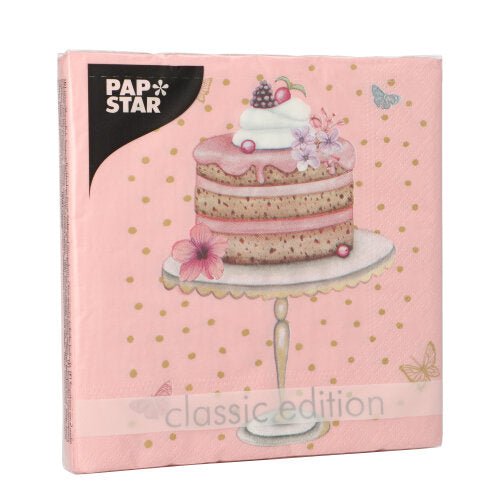 A pack of PAPSTAR GmbH 20 napkins, 33x33 cm, 3-ply, with a cake, berries, flowers, gold dot, and butterfly motif; "classic edition" and "PAP STAR" are printed on the packaging.