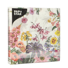 PAPSTAR 20 napkins, 33x33 cm, 3-ply, 1/4 fold Design Set 4 by PAPSTAR GmbH with colorful illustrations of flowers and green foliage on a white background add elegance to any set table.