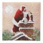 Santa Claus in red stands with a candy cane on a snowy roof next to a bird and a chimney, framed by fir branches. Ideal Christmas motif for PAPSTAR 20 napkins, 40 cm x 40 cm, 3-ply, 1/4-fold by PAPSTAR GmbH.