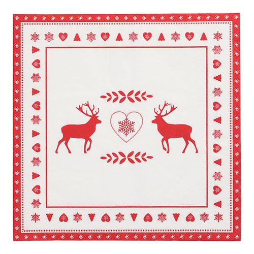 PAPSTAR 20 napkins, 40 cm x 40 cm, 3-ply from PAPSTAR GmbH with a red and white design: two reindeer, heart with snowflake, and festive border pattern of hearts, snowflakes, and trees.