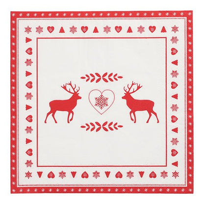 PAPSTAR 20 napkins, 40 cm x 40 cm, 3-ply from PAPSTAR GmbH with a red and white design: two reindeer, heart with snowflake, and festive border pattern of hearts, snowflakes, and trees.