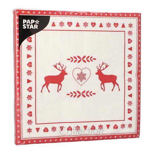 A pack of 20 PAPSTAR napkins, 3-ply, 40 x 40 cm, with a red-white design featuring two reindeer facing a heart and surrounded by hearts, snowflakes, and leaves. Brand: PAPSTAR GmbH.