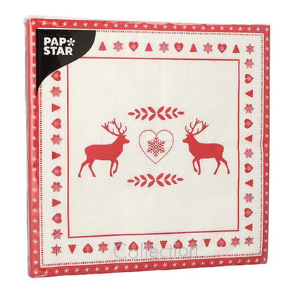 A pack of 20 PAPSTAR napkins, 3-ply, 40 x 40 cm, with a red-white design featuring two reindeer facing a heart and surrounded by hearts, snowflakes, and leaves. Brand: PAPSTAR GmbH.
