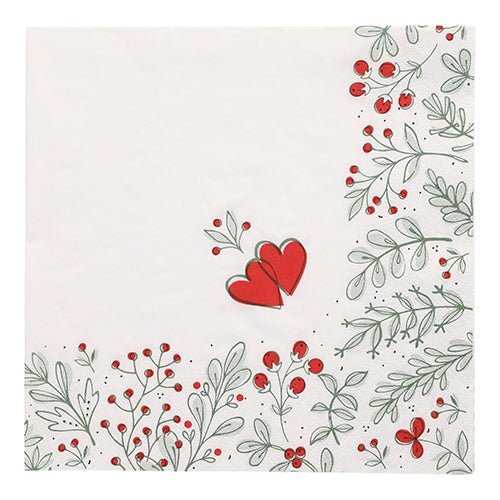 PAPSTAR 20 napkins (40x40 cm, 3-ply, 1/4-fold) from PAPSTAR GmbH with green leaf and berry decor on the edge and two overlapping red hearts in the center.