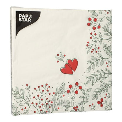 A pack of PAPSTAR 20 napkins, 40x40 cm, 3-ply, with white background, red berries, green leaves and a red heart in the center. The brand name PAPSTAR GmbH appears in the upper left corner.