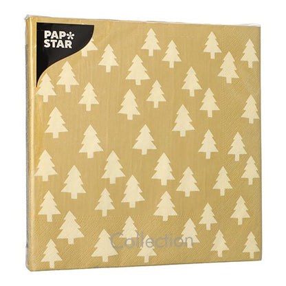 The 20-pack napkins from PAPSTAR GmbH consist of golden square 3-ply napkins (40x40 cm) with a white Christmas tree pattern, "Papstar" in the upper left corner, and "Collection" at the bottom.