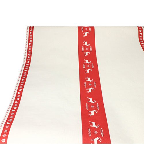 The tablecloth (paper, 3 m x 1.2 m) from PAPSTAR GmbH is a white disposable tablecloth with two vertical red stripes with white reindeer and decorative motifs – ideal for festive occasions.
