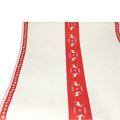 The tablecloth (paper, 3 m x 1.2 m) from PAPSTAR GmbH is a white disposable tablecloth with two vertical red stripes with white reindeer and decorative motifs – ideal for festive occasions.