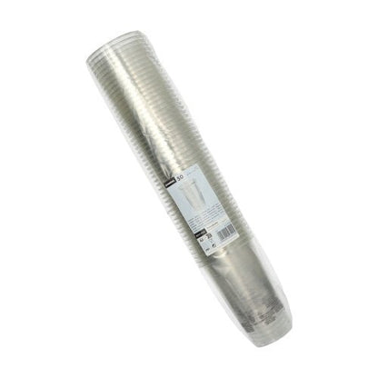 A sealed stack of 50 Starpak R-PET clear drinking cups from Starpak, packaged in plastic, viewed from an angle from above. The packaging has a white label with text and a barcode, ideal for eco-friendly drink serving.