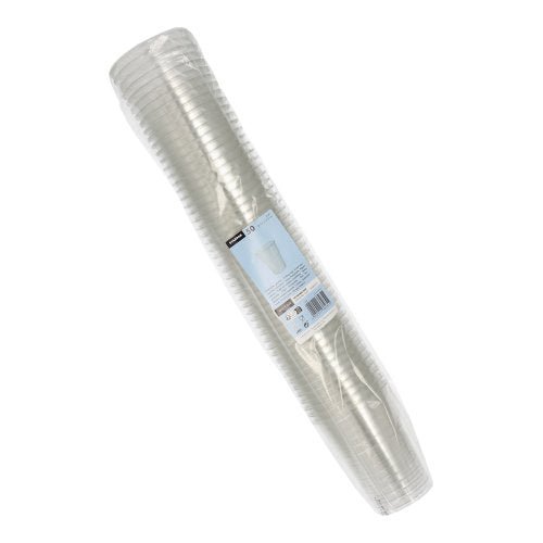 A stack of 50 Starpak R-PET clear drinking cups, wrapped in transparent plastic with a label and barcode on the front, perfect for environmentally friendly serving of drinks.