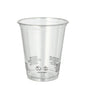 The Starpak 50 R-PET clear drinking cup, a transparent and eco-friendly cup from Starpak, features recycling and warning symbols at the bottom and stands upright on a white background.