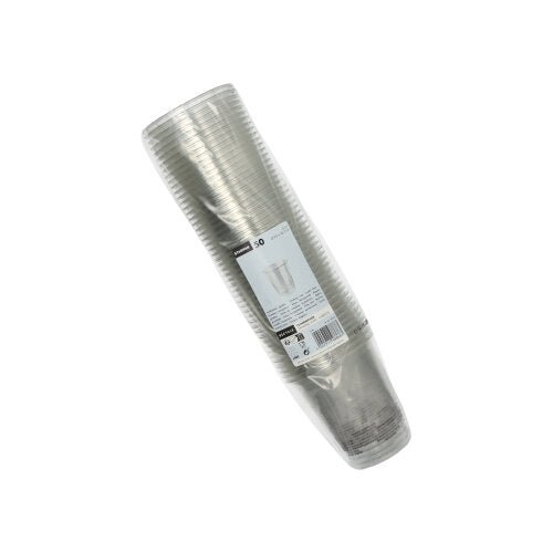 A stack of Starpak 50 R-PET clear drinking cups, wrapped in transparent packaging with a white product information label – an eco-friendly Starpak choice for your beverage needs.