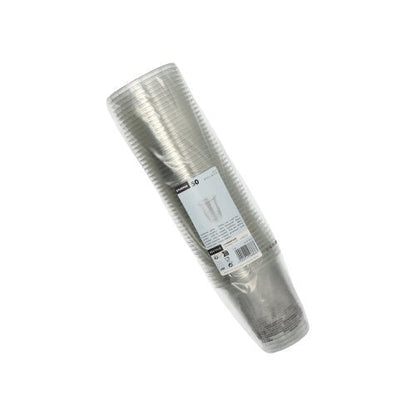 A stack of Starpak 50 R-PET clear drinking cups, wrapped in transparent packaging with a white product information label – an eco-friendly Starpak choice for your beverage needs.
