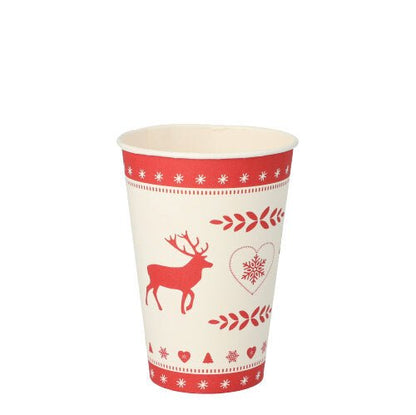 A PAPSTAR 0.2 L cardboard drinking cup (Ø 7 cm, H 9.7 cm) from PAPSTAR GmbH is shown empty on a white background. The cup is decorated with red Christmas motifs – reindeer, snowflakes, and hearts – on its white, eco-friendly surface.