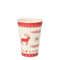 A PAPSTAR 0.2 L cardboard drinking cup (Ø 7 cm, H 9.7 cm) from PAPSTAR GmbH is shown empty on a white background. The cup is decorated with red Christmas motifs – reindeer, snowflakes, and hearts – on its white, eco-friendly surface.