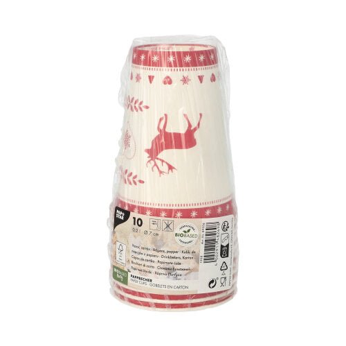 A stack of 10 cardboard cups (cardboard, 0.2 L, Ø 7 cm, 9.7 cm) from PAPSTAR GmbH with festive red Christmas print is packaged in transparent plastic; visible labels and recycling symbols on the front.