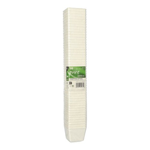 A stack of 50 PAPSTAR finger food bowls made from sugarcane "pure" white from PAPSTAR GmbH, sustainably packaged – the eco-friendly alternative for any event.