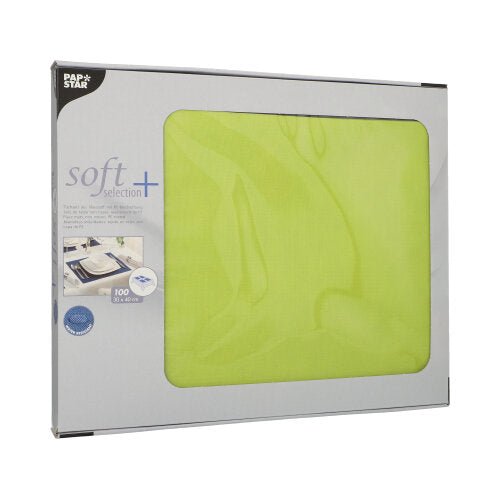 A pack PAPSTAR of 100 table mats, fabric-like fleece, from the Soft Selection Plus line (30 x 40 cm), is delivered in a semi-transparent package with product info on the front. Ideal as a complement to napkins.