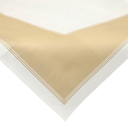 A close-up of the Starpak 20 centerpieces, fabric-like fleece tablecloth "soft selection plus" (80 x 80 cm) shows a beige center with white edges, a subtle texture pattern, and thin white lines bordering the beige area.