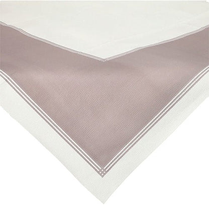 A Starpak 20 centerpiece tablecloth, 80x80 cm, fabric-like, from the fleece collection "soft selection plus" – white with taupe border and double white stripes – depicted draped over a table corner.