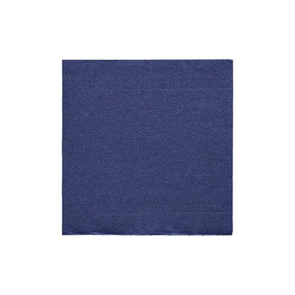 Shown is a square pattern of PAPSTAR GmbH napkins 1/4-fold, 24x24 cm in dark blue from the "DAILY Collection" (20 pieces) with foil finishing in front of a white background.