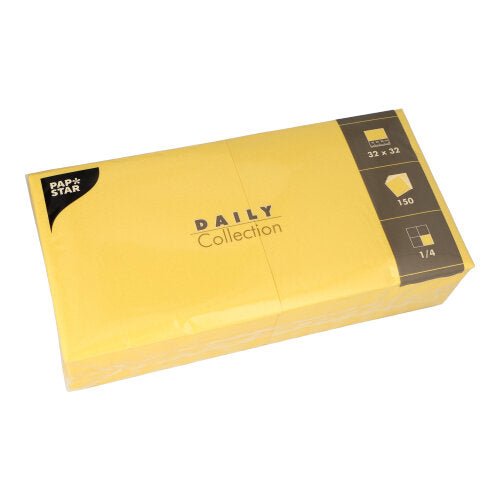 A sealed yellow package from PAPSTAR GmbH contains 150 napkins "DAILY Collection", 32x32 cm, with a practical 1/4 fold, as shown on the packaging.