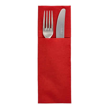 A metal fork and knife rest side by side in a 50-napkin napkin "DAILY Collection" 48 x 30 cm with cutlery fold from PAPSTAR GmbH, with the utensils partially visible against a white background.