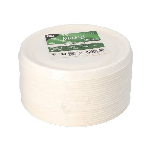 A stack of 25 white PAPSTAR "pure" lids for sugarcane bowls (Ø 17 cm), packaged in clear foil with branding - ideal for the convenient and eco-friendly gastronomy of PAPSTAR GmbH.