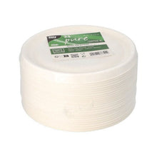 A stack of 25 white PAPSTAR "pure" lids for sugarcane bowls (Ø 17 cm), packaged in clear foil with branding - ideal for the convenient and eco-friendly gastronomy of PAPSTAR GmbH.