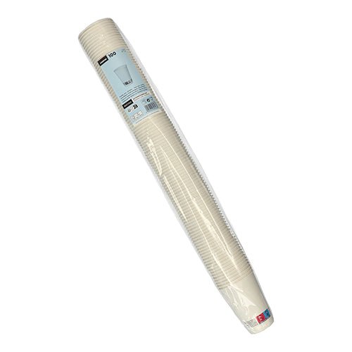A pack of 100 white Starpak vending machine cups "To Go" made of cardboard (0.18 l, Ø 7 cm, 9.2 cm) is wrapped in foil on a white background - ideal as a coffee cup or for the vending machine.