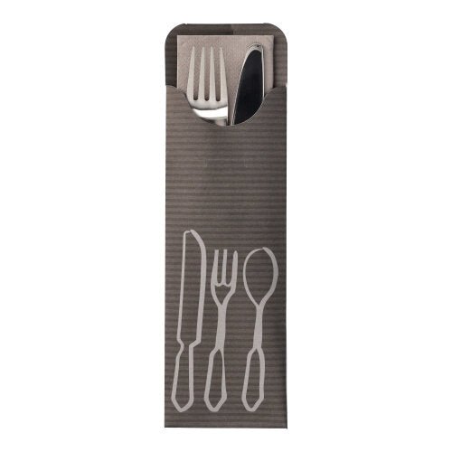The PAPSTAR 100 cutlery bags (23.5 x 7.3 cm) of PAPSTAR GmbH include a colorful bistro napkin and are equipped with white cutlery outlines – ideal for storing forks and knives in catering.