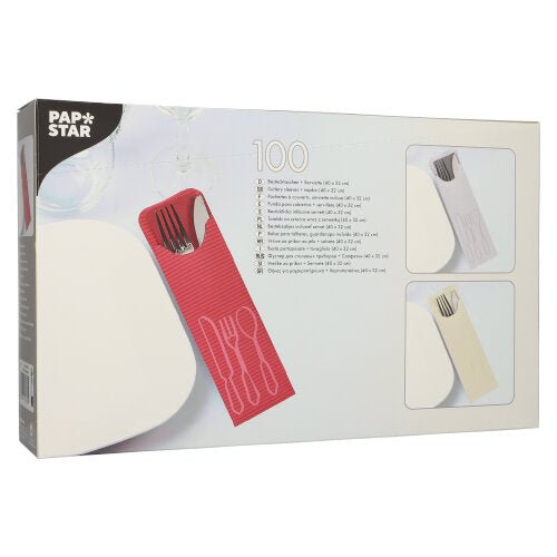 A box of 100 PAPSTAR cutlery bags (23.5 x 7.3 cm) with colorful bistro napkins, each with cutlery compartments – ideal for the catering sector; from PAPSTAR GmbH.