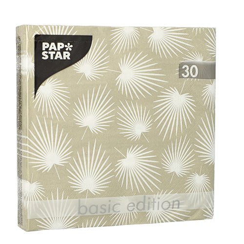 A pack of 30 PAPSTAR napkins, 3-ply, 1/4-fold (33 cm x 33 cm) from PAPSTAR GmbH, beige with a white palm leaf pattern and packaged in transparent foil.