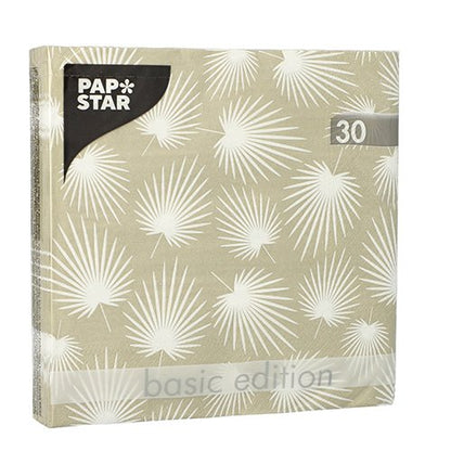 A pack of 30 PAPSTAR napkins, 3-ply, 1/4-fold (33 cm x 33 cm) from PAPSTAR GmbH, beige with a white palm leaf pattern and packaged in transparent foil.
