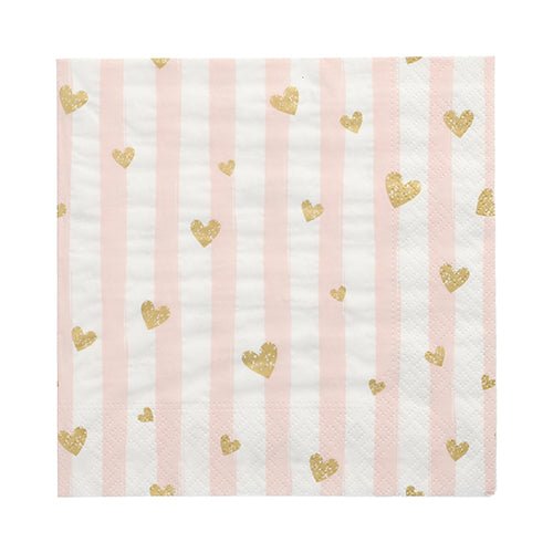 PAPSTAR 3-ply square napkins (33x33cm) with light pink-white stripes and golden glitter heart pattern – perfect for any stylish occasion. 30-pack from PAPSTAR GmbH.