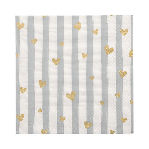 The PAPSTAR 30 napkins from PAPSTAR GmbH are three-ply, 33 x 33 cm in size, and decorated with vertical light gray-white stripes and small gold-colored hearts.
