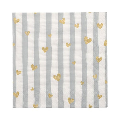The PAPSTAR 30 napkins from PAPSTAR GmbH are three-ply, 33 x 33 cm in size, and decorated with vertical light gray-white stripes and small gold-colored hearts.