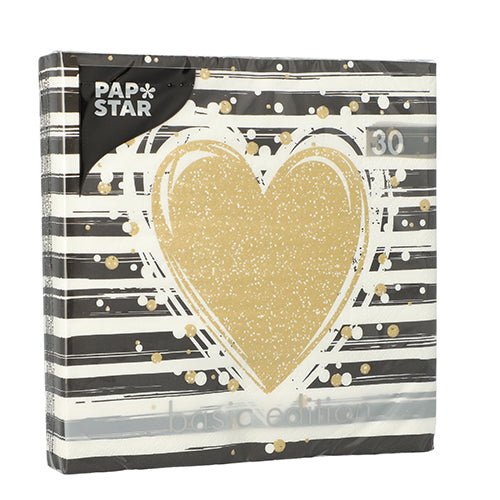 A square pack from PAPSTAR GmbH includes 30 3-ply napkins (33x33 cm) of the "Basic Edition" with a black-and-white stripe pattern, large golden heart, and golden dots.