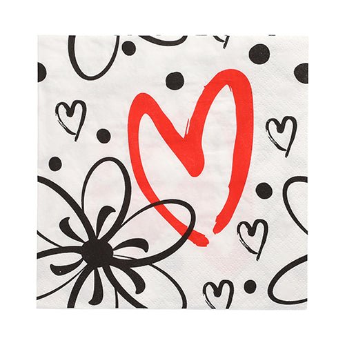 The 30 napkins in 3-ply 1/4-fold (33 x 33 cm) from PAPSTAR GmbH stand out with their white background featuring black doodle flowers, hearts, dots, and a large red heart, adding charm to any set table.
