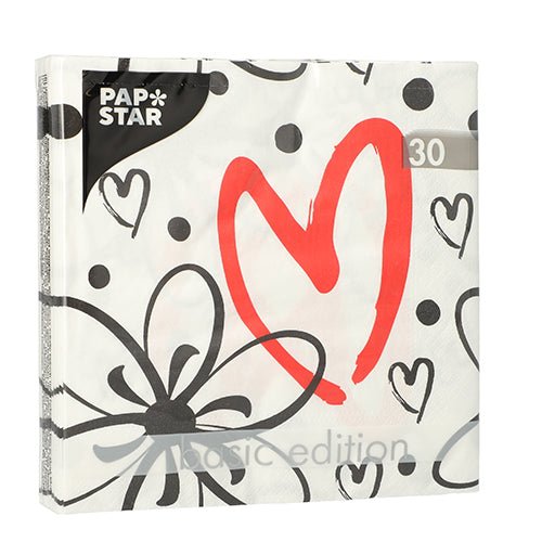 PAPSTAR GmbH 30 napkins, 3-ply, 33x33 cm, in the "Basic Edition" pack with black-and-white heart dot pattern and large red heart motif.