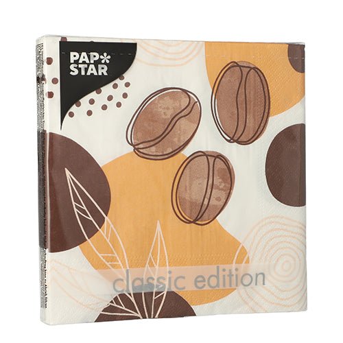 A pack of PAPSTAR 20 napkins, 33x33 cm, 3-ply, 1/4-fold Design Set 5 from PAPSTAR GmbH features a brown coffee bean and abstract orange/brown shapes on a white background.