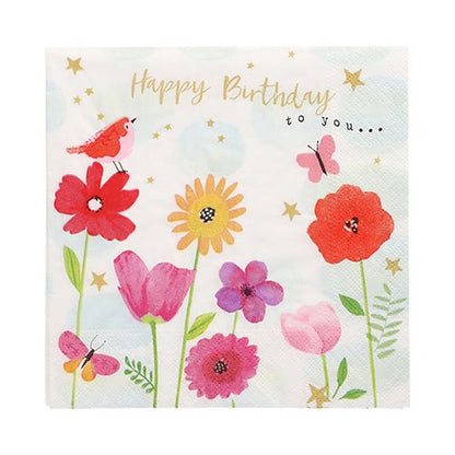 The napkins PAPSTAR 20 napkins 33x33 cm from PAPSTAR GmbH feature a floral and festive design with a red bird, butterflies, golden stars, and the text "Happy Birthday to you..." on a white background.