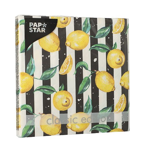 A 20-pack of PAPSTAR napkins (33x33 cm, 3-ply, 1/4-fold) from PAPSTAR GmbH impresses with its black and white stripe design with lemons and green leaves for stylish durability.
